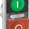Harmony XB4, Illuminated double-headed push button head, metal, Ø22, marked, 1 green flush I + 1 pilot light + 1 red projecting O