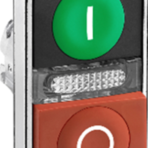 Harmony XB4, Illuminated double-headed push button head, metal, Ø22, marked, 1 green flush I + 1 pilot light + 1 red projecting O