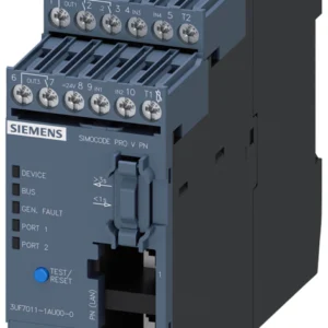 Basic unit SIMOCODE pro V PN, Ethernet/PROFINET IO, PN system redundancy, OPC UA server, Web server, transmission rate 100 Mbps, 2 x bus connection via RJ45, 4I/3O freely parameterizable, Us: 110...240 V AC/DC, input for thermistor connection Monosta