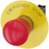 EMERGENCY STOP mushroom pushbutton, 22 mm, round, metal, shiny, red, 40 mm, positive latching, acc. to EN ISO 13850, rotate-to-unlatch, with yellow backing plate, inscription: EMERGENCY STOP, with holder, 1 NC, screw terminal