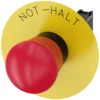 EMERGENCY STOP mushroom-type actuator, 22 mm, round, plastic, red, 40 mm, positive latching, according to EN ISO 13850, rotate-to-unlatch, with yellow backing plate, inscription: NOT-HALT, with holder, 1 NC, screw terminal