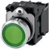 Illuminated pushbutton, 22 mm, round, metal, shiny, green, pushbutton, flat, momentary contact type, with holder, 1 NO, LED module with integrated LED 24 V AC/DC, screw terminal