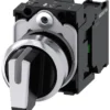 Selector switch, illuminable, 22 mm, round, metal, shiny, white, selector switch, short, 3 switch positions I-O-II, latching, actuating angle 2x45°, 10:30h/12h/13:30h, with holder, 1 NO, 1 NO, screw terminal