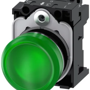 Indicator lights, 22 mm, round, metal, shiny, green, lens, smooth, with holder, LED module with integrated LED 230 V AC, screw terminal