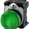 Indicator lights, 22 mm, round, metal, shiny, green, lens, smooth, with holder, LED module with integrated LED 24 V AC/DC, screw terminal