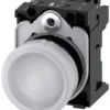 Indicator lights, 22 mm, round, metal, shiny, white, lens, smooth, with holder, LED module with integrated LED 230 V AC, screw terminal