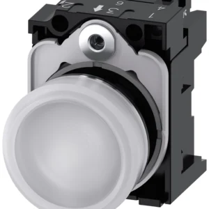 Indicator lights, 22 mm, round, metal, shiny, white, lens, smooth, with holder, LED module with integrated LED 230 V AC, screw terminal