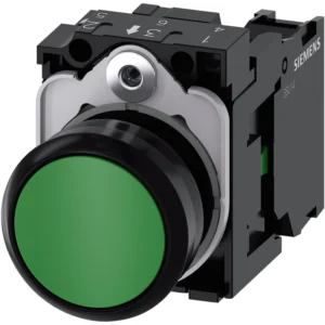 Pushbutton, 22 mm, round, plastic, green, pushbutton, flat, momentary contact type, with holder 1 NO, screw terminal