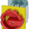 SENTRON, Switch disconnector 3LD, emergency switching-off switch, 3- pole, Iu: 32 A, operating power / at AC-23 A 400 V: 11.5 kW, front-mounted, rotary operating mechanism, Red / yellow, 4-hole mounting of the handle