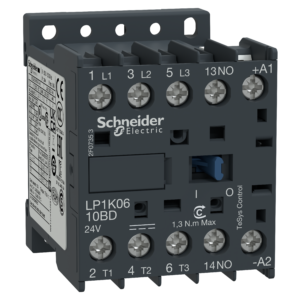 LP1K0601BD – TeSys K contactor – 3P – AC-3 <= 440 V 6 A – 1 NC aux. – 24 V DC coil Schneider Electric